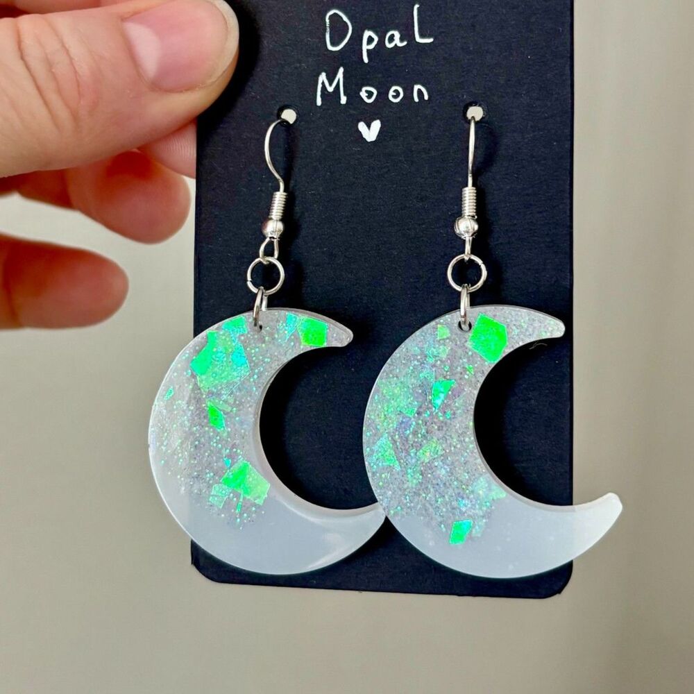 Crescent Moon Earrings with Iridescent Glitter, Celestial Resin Dangles
